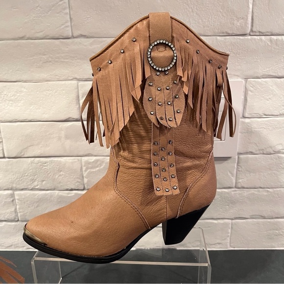 NWT Santa Fe Boot sz 8 tan leather fringed bling cowgirl boots - Picture 6 of 16